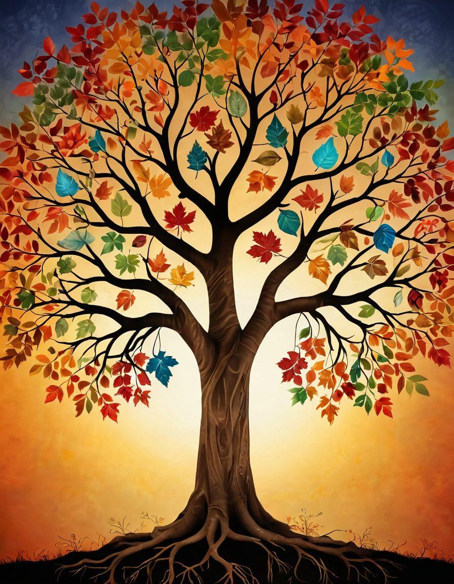 A captivating family tree branching out with vibrant leaves, each leaf representing different cultures and heritage. Incorporate symbols of various ancestry, like traditional clothing, artifacts, and historical landmarks intertwined with roots and branches. The background should have a soft, warm glow, symbolizing the stories and connections that bind us. super-realistic. vibrant colors. soft glow.