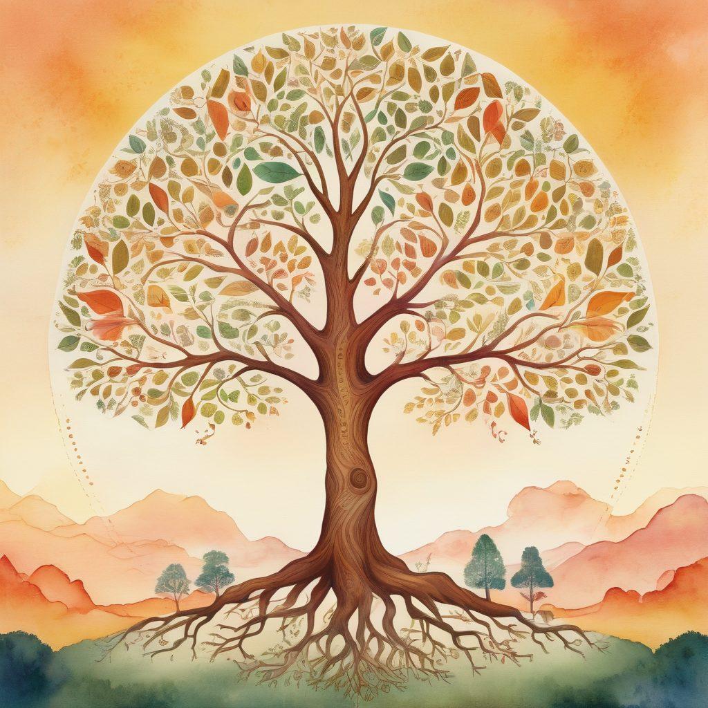 A beautifully illustrated family tree connecting various generations, with vibrant leaves representing different cultures and stories. Each leaf contains intricate patterns and symbols reflecting traditional heritage, surrounded by a serene landscape with a sunset in the background. Include faint dotted lines to symbolize connections between ancestors, evoking a sense of exploration and discovery. stunning watercolor effect. vibrant colors. soft background.