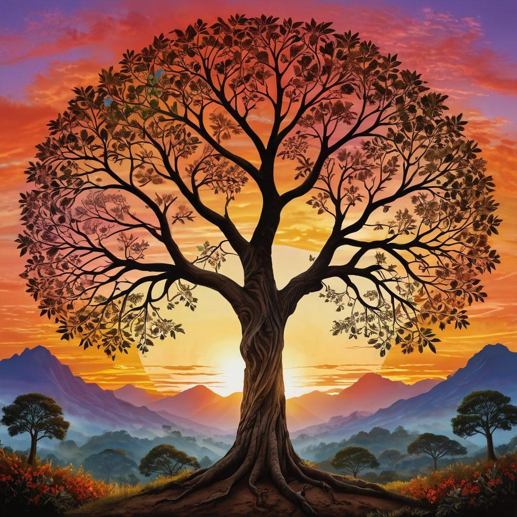 A beautifully intricate family tree extending across a vibrant landscape, with diverse cultural symbols representing different ancestries woven throughout the branches. Include traditional patterns, historical elements, and portraits of ancestors peeking from the tree's foliage. The sky above is a gradient of warm sunset colors, suggesting a journey of discovery. Artistic touch with soft, painterly strokes. vibrant colors. painting.